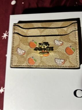 Coach Citrus Print Card Case in Tan and Orange